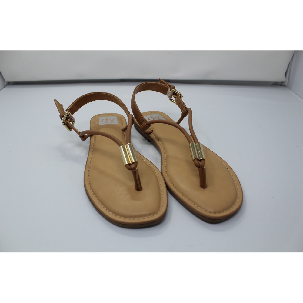 DV Dolce Vita Womens T-Strap Flat Sandals Cognac Brown Gold Hardware Size 10